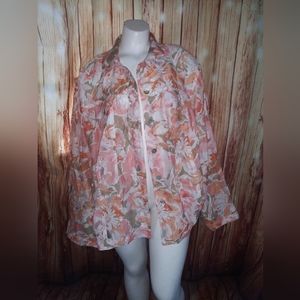 Ruby Rd Peach/ Taupe Floral Sheer Button Up Long Sleeve Blouse  22W